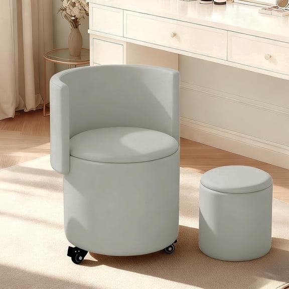 SJZNOI Foldable Back Round Swivel Vanity Stool, Rolling Makeup Chair with Built-in Storage, Soft PU Leather Small Upholstered Ottoman for Home Bedroom Living Area,Gray