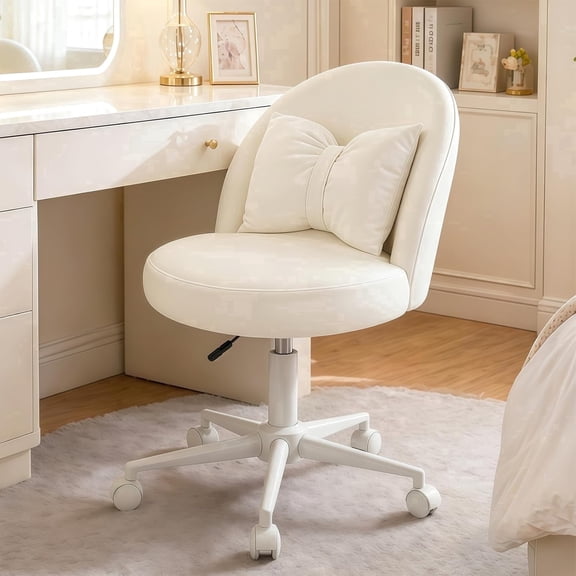 BTFYOU Soft Padded Armless Swivel Chair, Upholstered Height Adjustable Desk Vanity Chair, Stylish Accent Seat for Living Room, Bedroom, Study Room and Home Workspace(White)