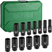 SK 1/2 Drive Impact Socket Set, Deep SAE Sockets, 13-Piece 7/16 to 1-1/4, Premium CR-MO Steel, SureGrip 6 Point Design, With Storage Case