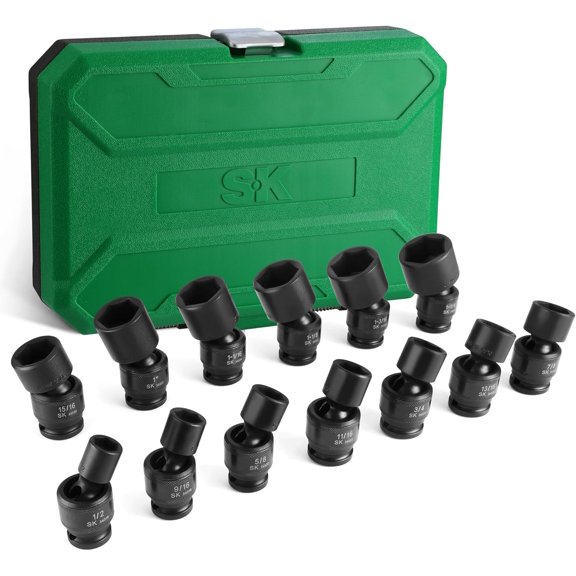 SK 1/2" Drive Universal Swivel Impact Socket Set, SAE Socket Set, 13-Piece, Premium CR-MO Steel, SureGrip 6 Point Design, with Storage Case
