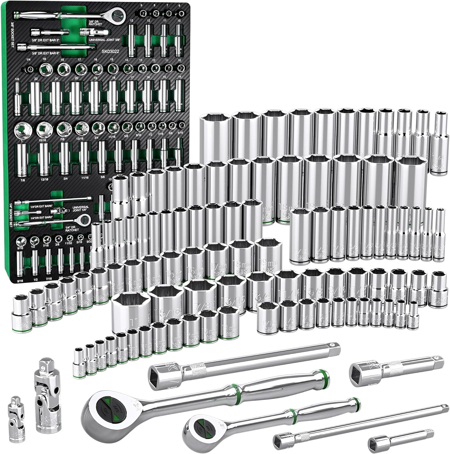 SK 1/4" & 3/8" Drive Socket Set with 160-P Ratchet, 105-Piece, SAE & Metric, SuperKrome Finish, Preminum CR-V Construction, with EVA Foam Tool Organizer