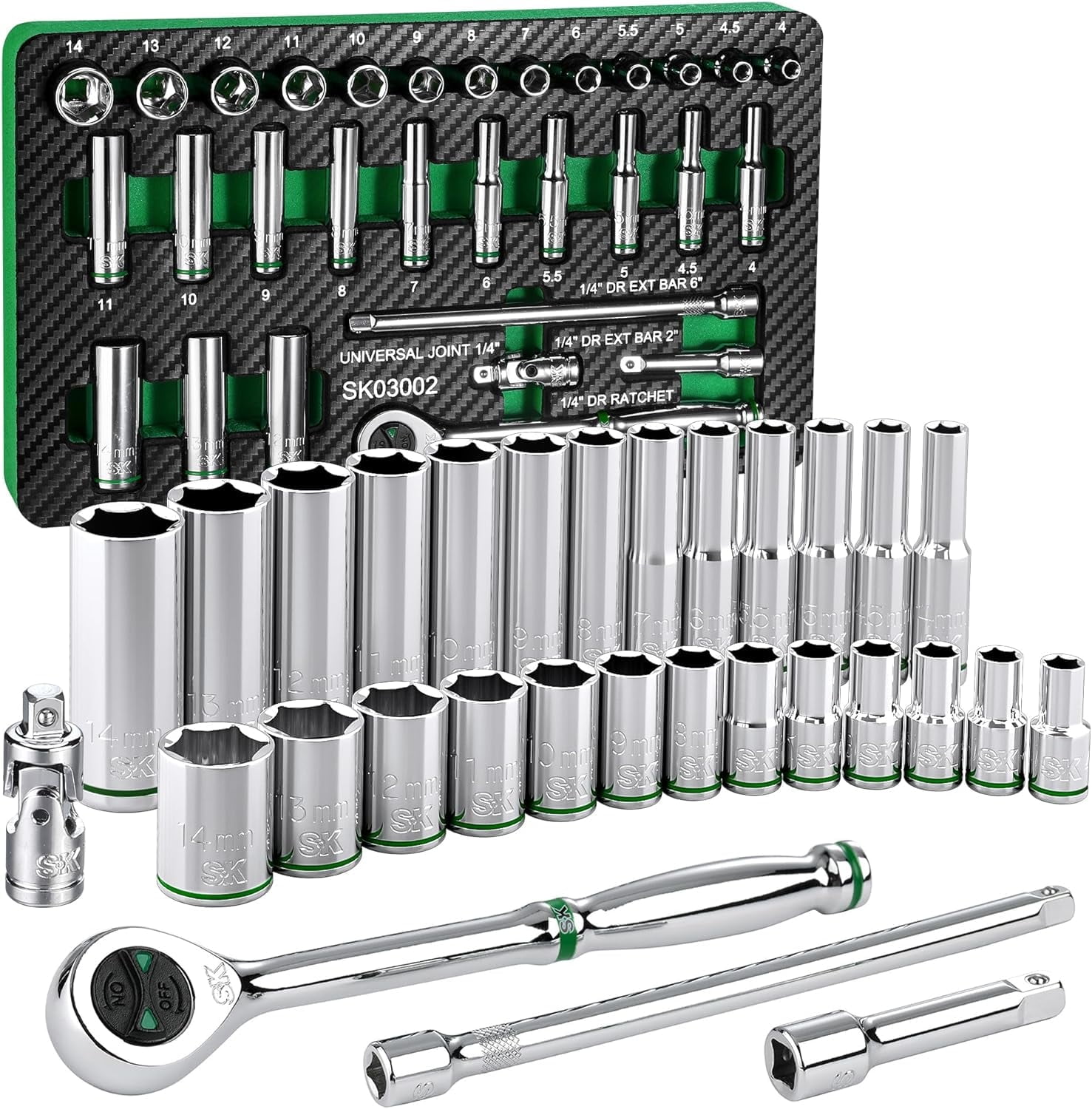SK 1/4" Drive 30-Piece Socket Set, Metric, Premium CR-V Construction, SuperKrome Finish, Includes 160-P Ratchet and EVA Foam Tool Organizer