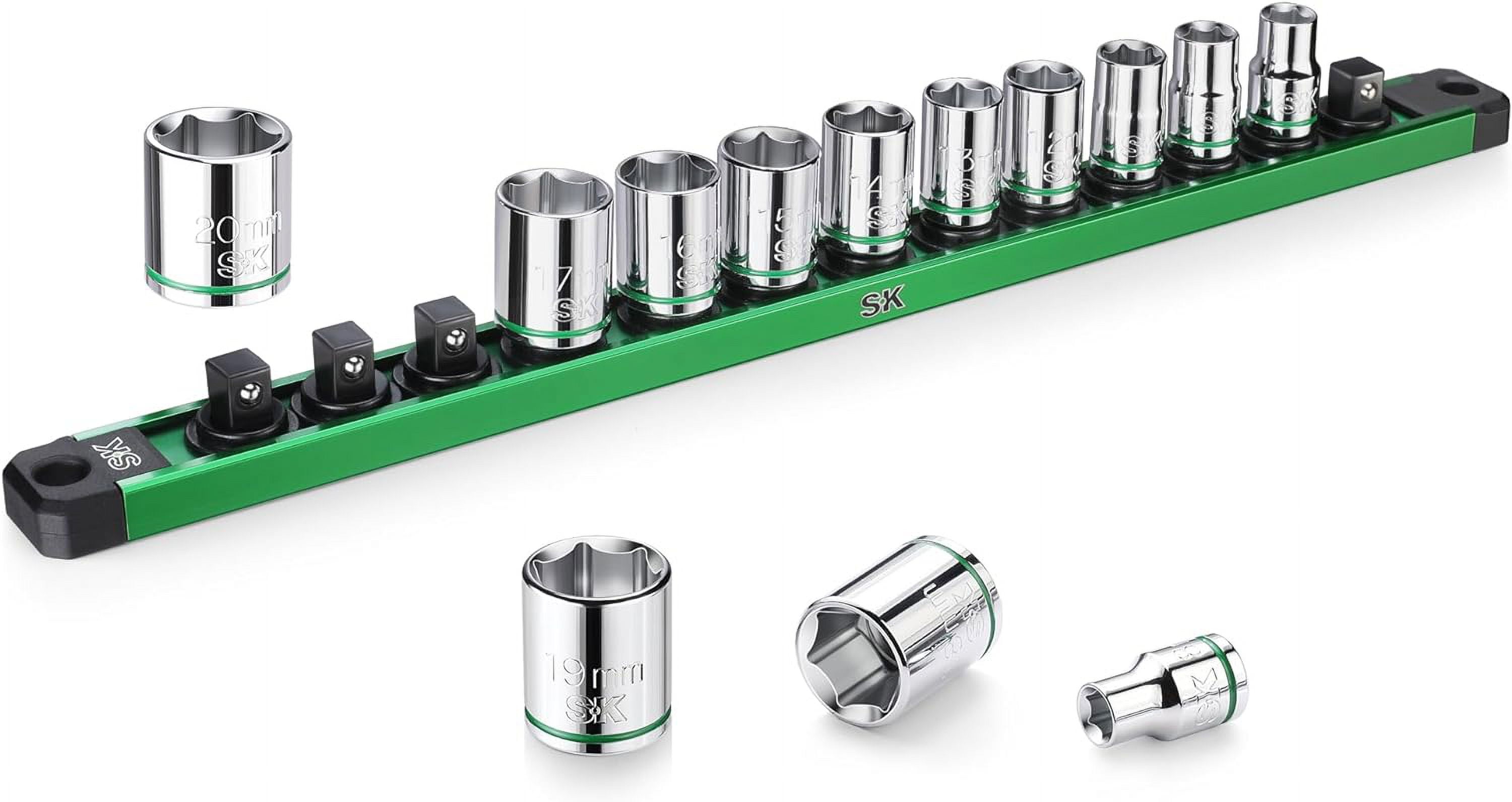 SK 3/8" Drive Metric Socket Set – 13-Piece, 8-20mm, CR-V Steel With SuperKrome Finish & Aluminum Organizer