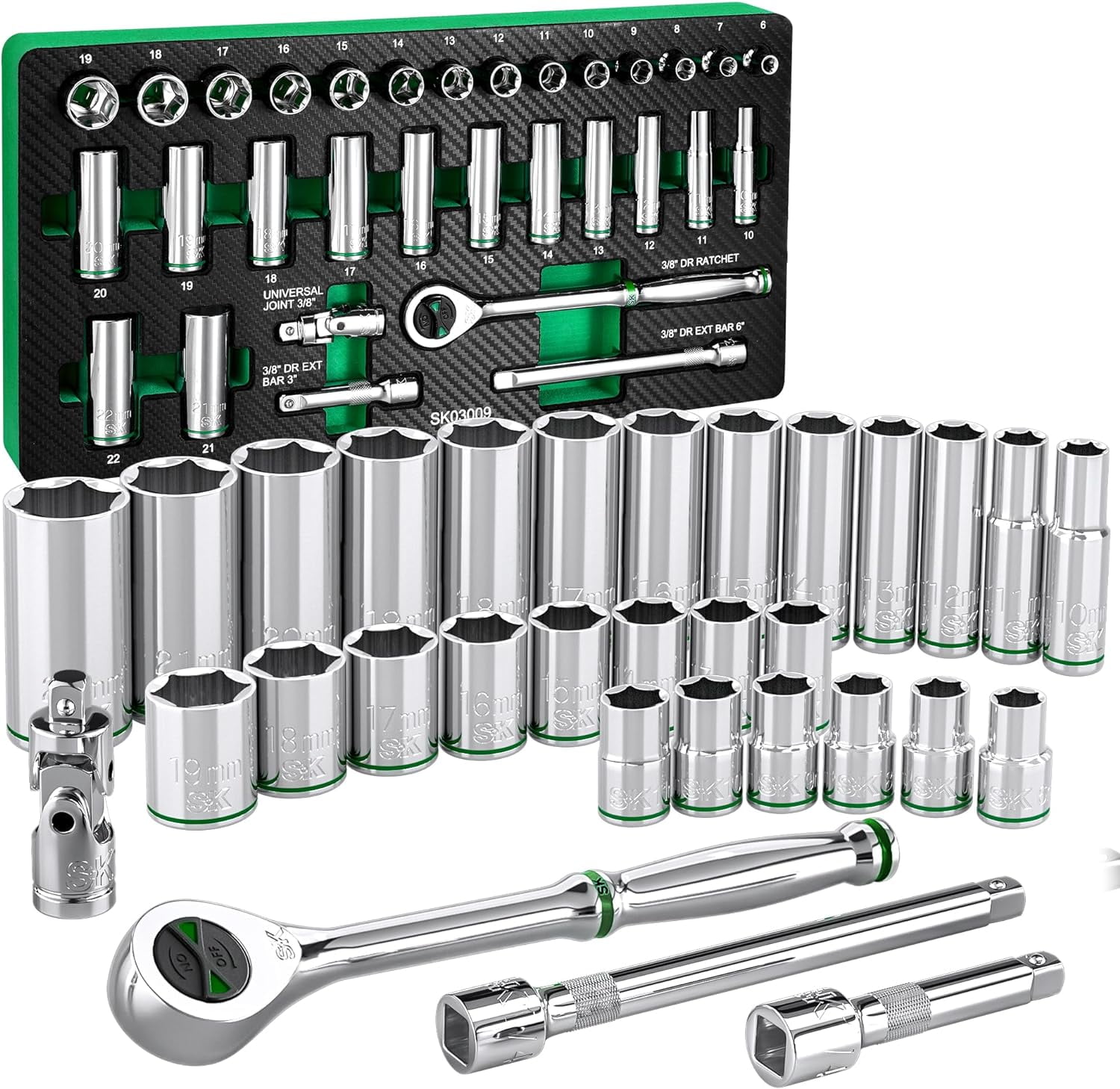 SK 3/8" Drive Socket Set with 160-P Ratchet, 31-Piece, Metric, SuperKrome Finish, Preminum CR-V Construction, with EVA Foam Tool Organizer