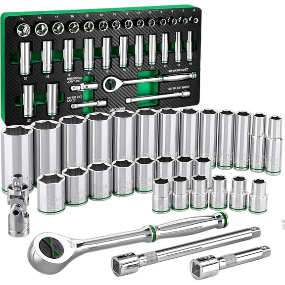 SK 3/8" Drive Socket Set with 160-P Ratchet, 31-Piece, Metric, SuperKrome Finish, Preminum CR-V Construction, with EVA Foam Tool Organizer
