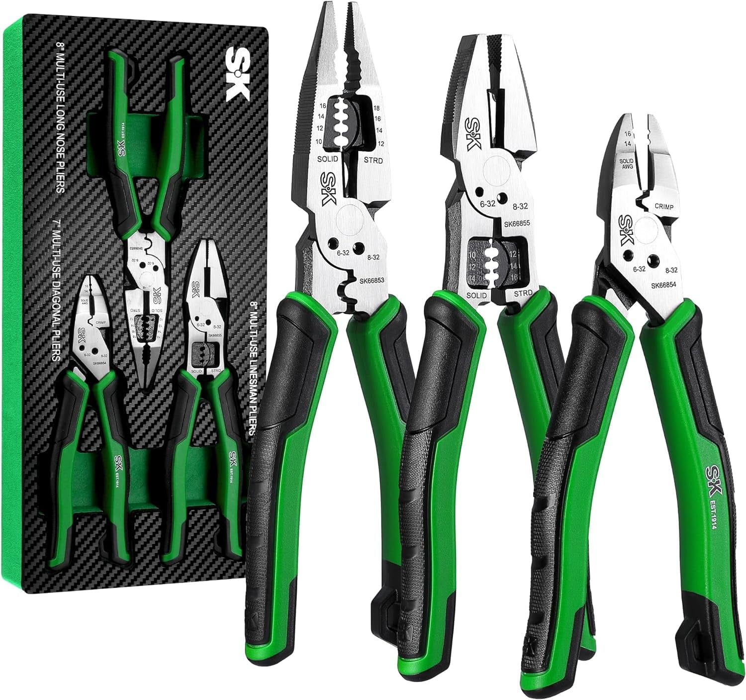 SK 3-Piece Pliers Set, 8-Inch Multi-use Noodle Nose Pliers, 7-Inch Multi-use Diagonal Pliers and 8-Inch Multi-use Linesman Pliers, CR-V Construction, Non-slip Handle, with EVA Foam Tool Organizer