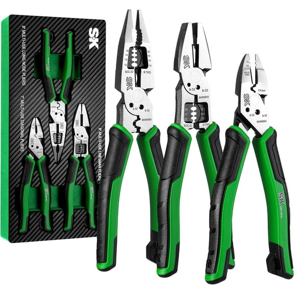 SK 3-Piece Pliers Set, 8-Inch Multi-use Noodle Nose Pliers, 7-Inch Multi-use Diagonal Pliers and 8-Inch Multi-use Linesman Pliers, CR-V Construction, Non-slip Handle, with EVA Foam Tool Organizer