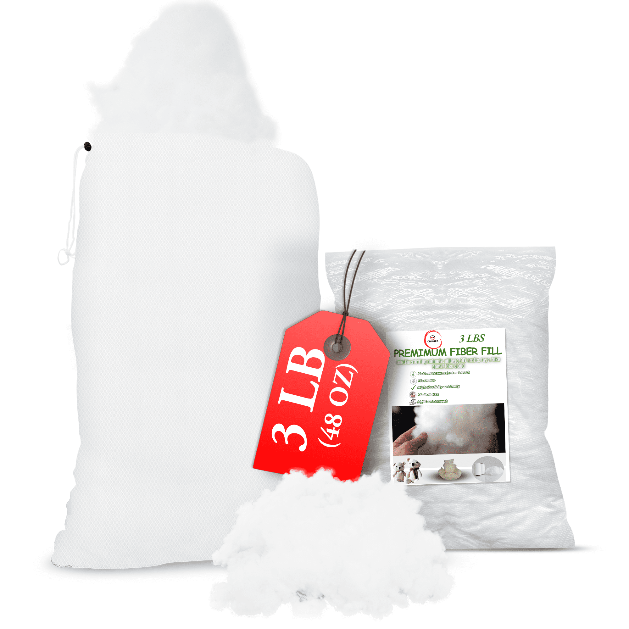 SK CHUMRA High-Resilience Premium Polyester Fiber Fill-Perfect for Pillows, Couch Cushions,Plush Toys,DIY Crafts,&Pet Beds -Cloud Soft, Kid & Pet Safe, Washable, Durable-Made in USA (3, Pounds)
