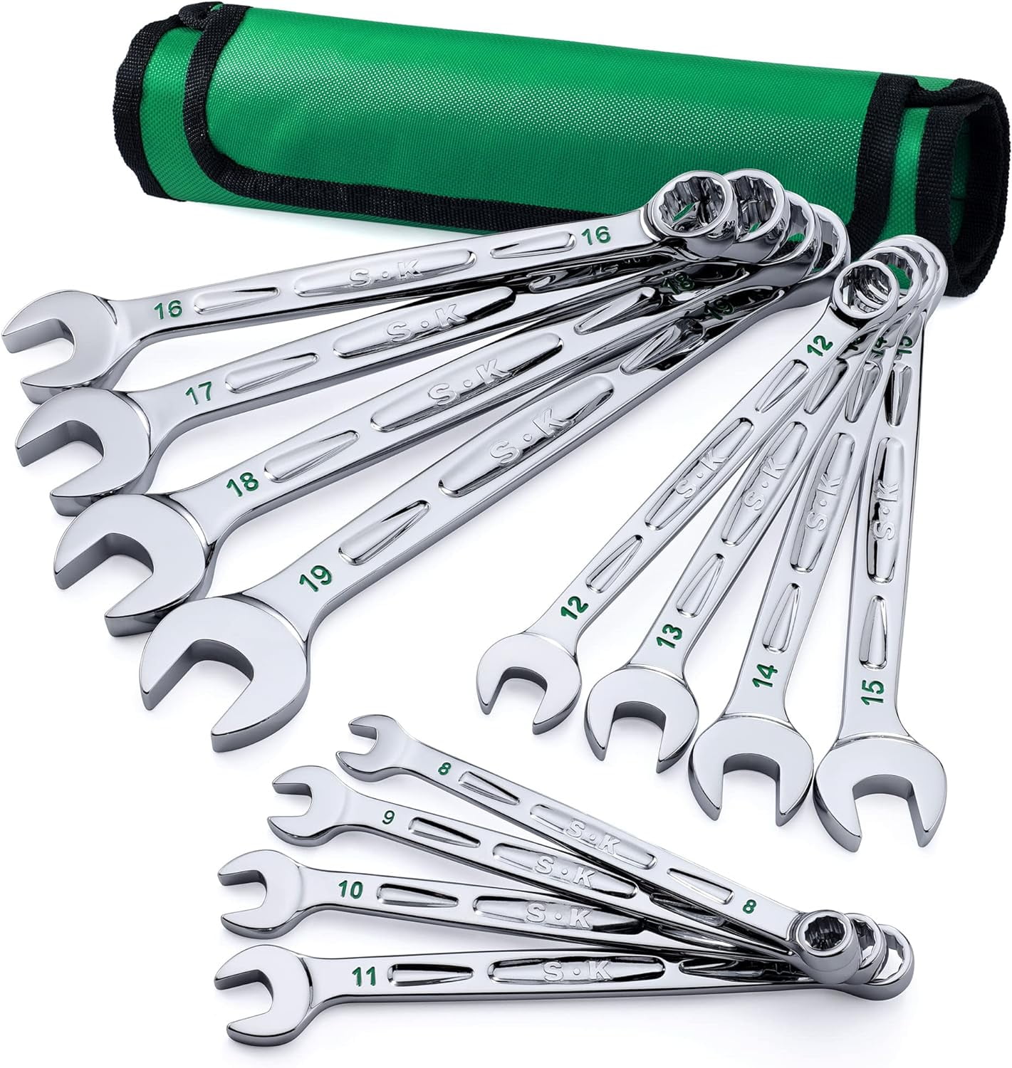 SK Combination Wrench Set, Metric 8 to 19mm, 12-Piece, SuperKrome Finish, Preminum CR-V Construction, with Rolling Pouch