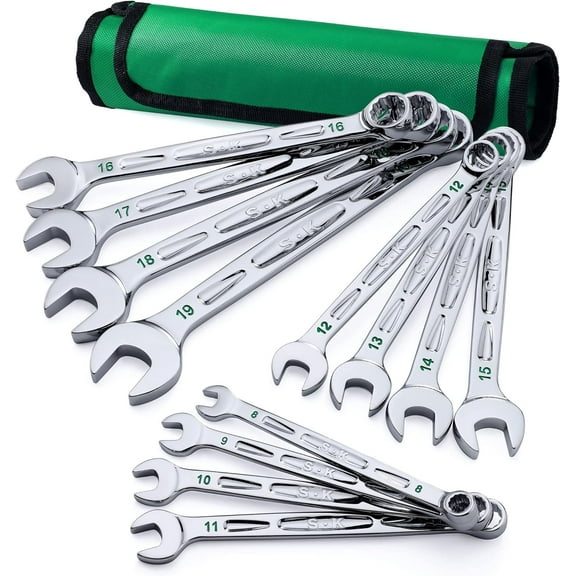 SK Combination Wrench Set, Metric 8 to 19mm, 12-Piece, SuperKrome Finish, Preminum CR-V Construction, with Rolling Pouch