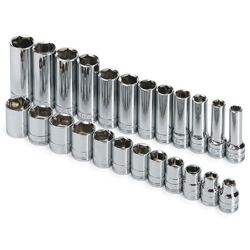 SK Hand Tool 89024 3/8" Dr 6 Pt STD, Dp & Ex-Lg Dp Met Socket Set, 24Pc
