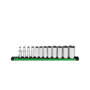 S K Hand Tools 3/8" Drive, 12 Piece, 6 Point, Deep, SAE Chrome Socket Set. Packaged on a Rail