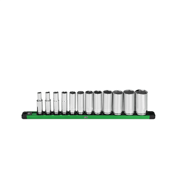 S K Hand Tools 3/8" Drive, 12 Piece, 6 Point, Deep, SAE Chrome Socket Set. Packaged on a Rail