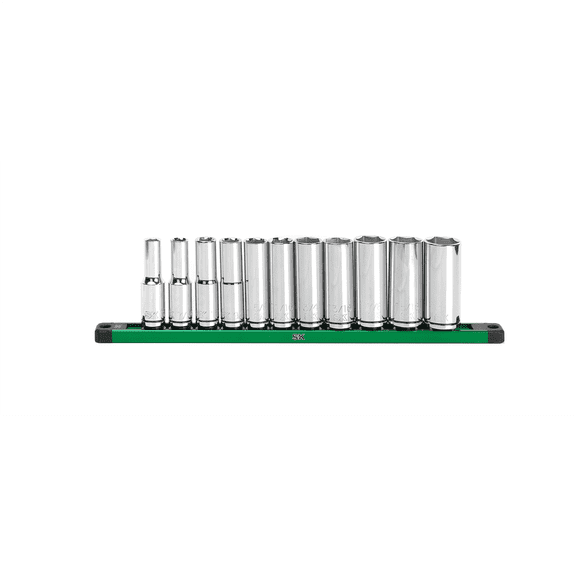 S K Hand Tools 1/2" Drive, 11 Piece, 6 Point, Deep, SAE Chrome Socket Set. Packaged on a Rail