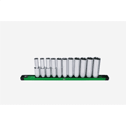S K Hand Tools 1/2" Drive, 11 Piece, 6 Point, Deep, Metric Chrome Socket Set. Packaged on a Rail