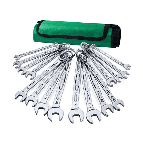 S K Hand Tools 16 Piece, 12 Point, SAE & Metric Chrome Combination Wrench Set. Packaged in a Roll