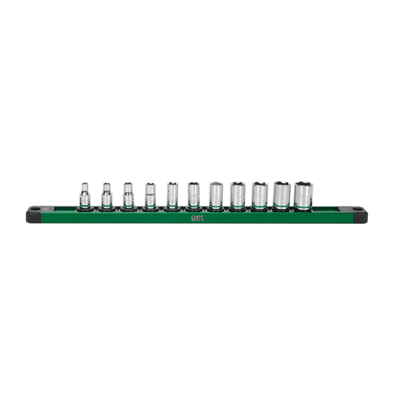 S K Hand Tools 1/4" Drive, 11 Piece, 6 Point, Shallow, Metric Chrome Socket Set. Packaged on a Rail