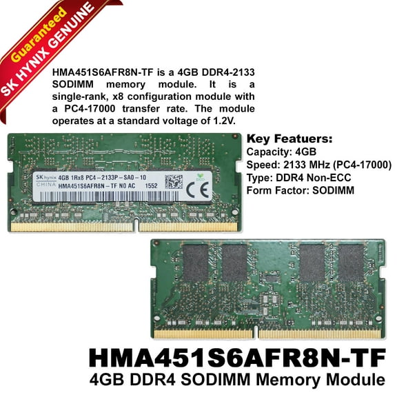 Pre-Owned SK Hynix 4GB DDR4-2133 SODIMM RAM HMA451S6AFR8N-TF - PC4-17000P, Single Rank