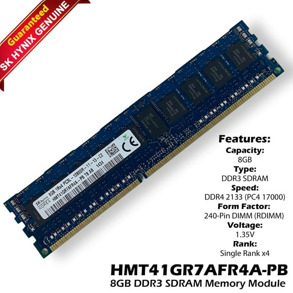 Pre-Owned SK Hynix HMT41GR7AFR4A-PB 8GB DDR3-1600 RDIMM PC3L-12800R Single Rank x4 Module