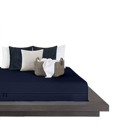 SK LINEN Zipper Fitted Sheet Olympic Queen 66"X 80" - 21" Deep Pocket, 400 Thread Count Microfiber 1 Piece Zipper Sheet Super Soft and Easy to Put - Olympic Queen Size Fitted Sheet - Navy Blue