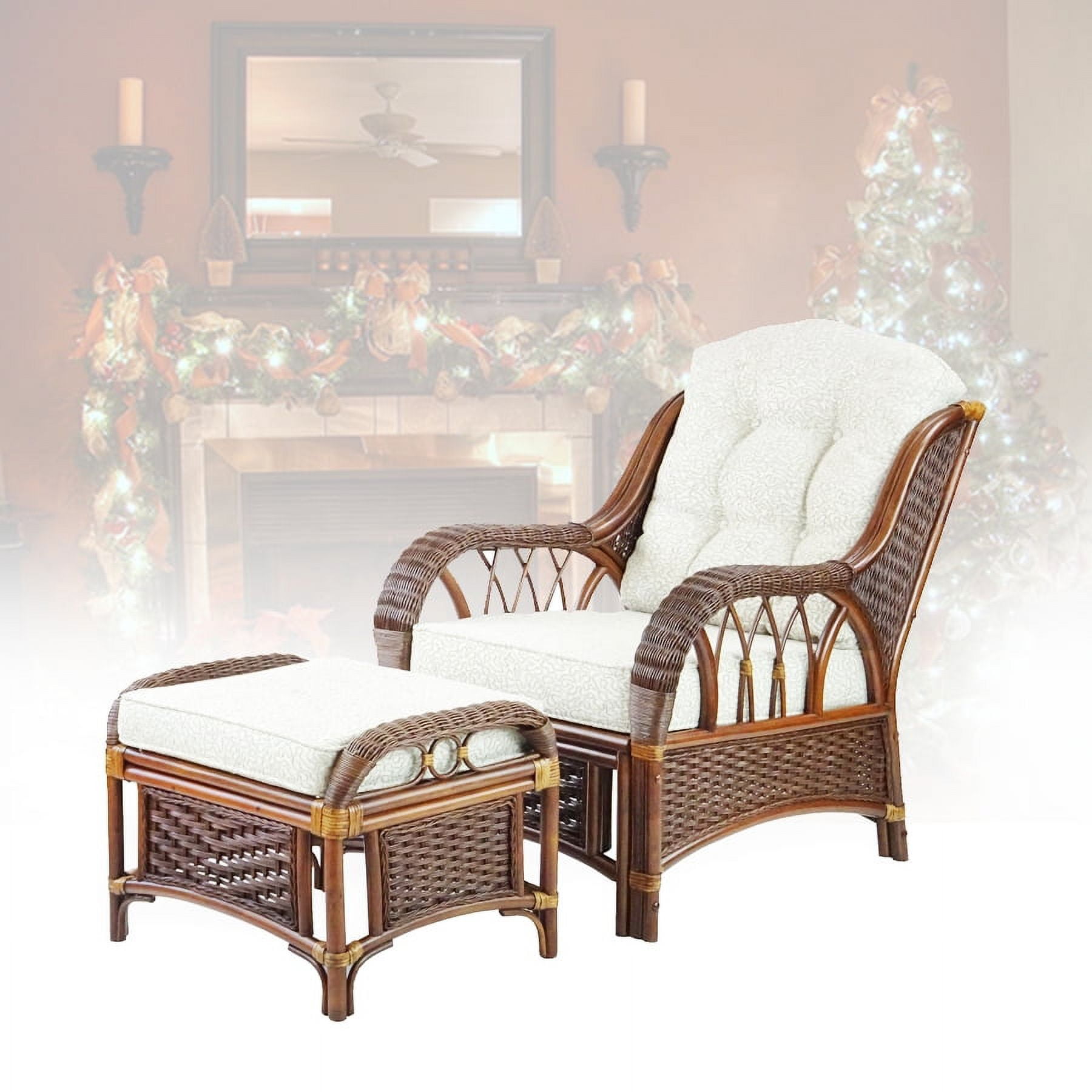 SK New Interiors Alexa Living Armchair w/Ottoman Dark Walnut Color Natural Rattan Wicker Handmade Design with Cushion