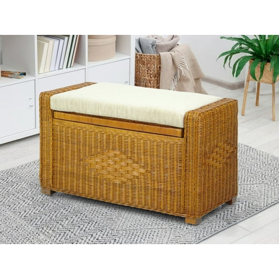SK New Interiors Bruno Rectangular Chest Ottoman  32" ECO Handmade Natural Rattan Wicker w/ Cushion, Colonial