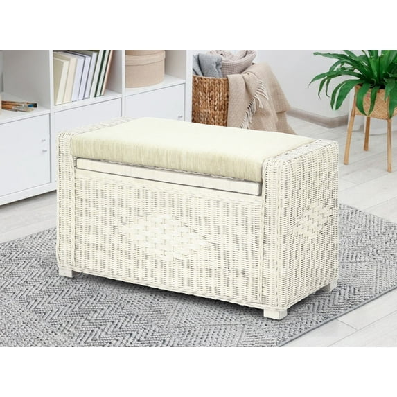 SK New Interiors Bruno Rectangular Chest Ottoman 32" ECO Natural Rattan Wicker Handmade w/ Cushion, White Wash