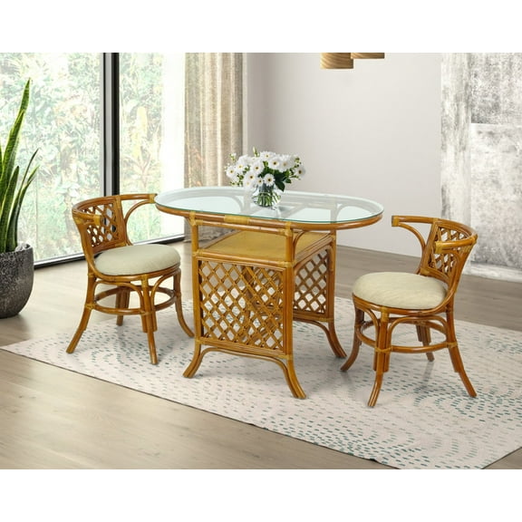 SK New Interiors Dining Furniture Borneo Set of 2 Natural Rattan Chairs w/Cream Cushion and Oval Table w/Glass, Colonial