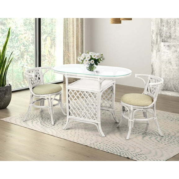 SK New Interiors Dining Furniture Borneo Set of 2 Natural Rattan Chairs w/Cream Cushion and Oval Table w/Glass, White