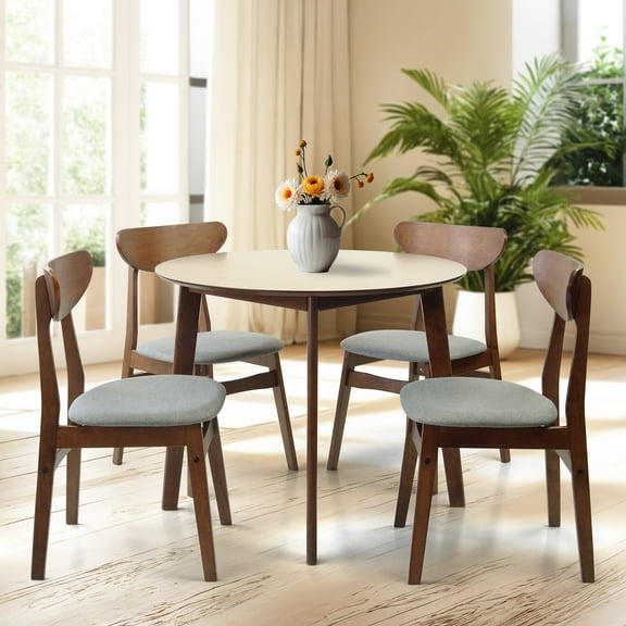 SK New Interiors Dining Round Table and 4 Yumiko Side Chairs (Set of 5) Solid Wood Medium Brown Finish