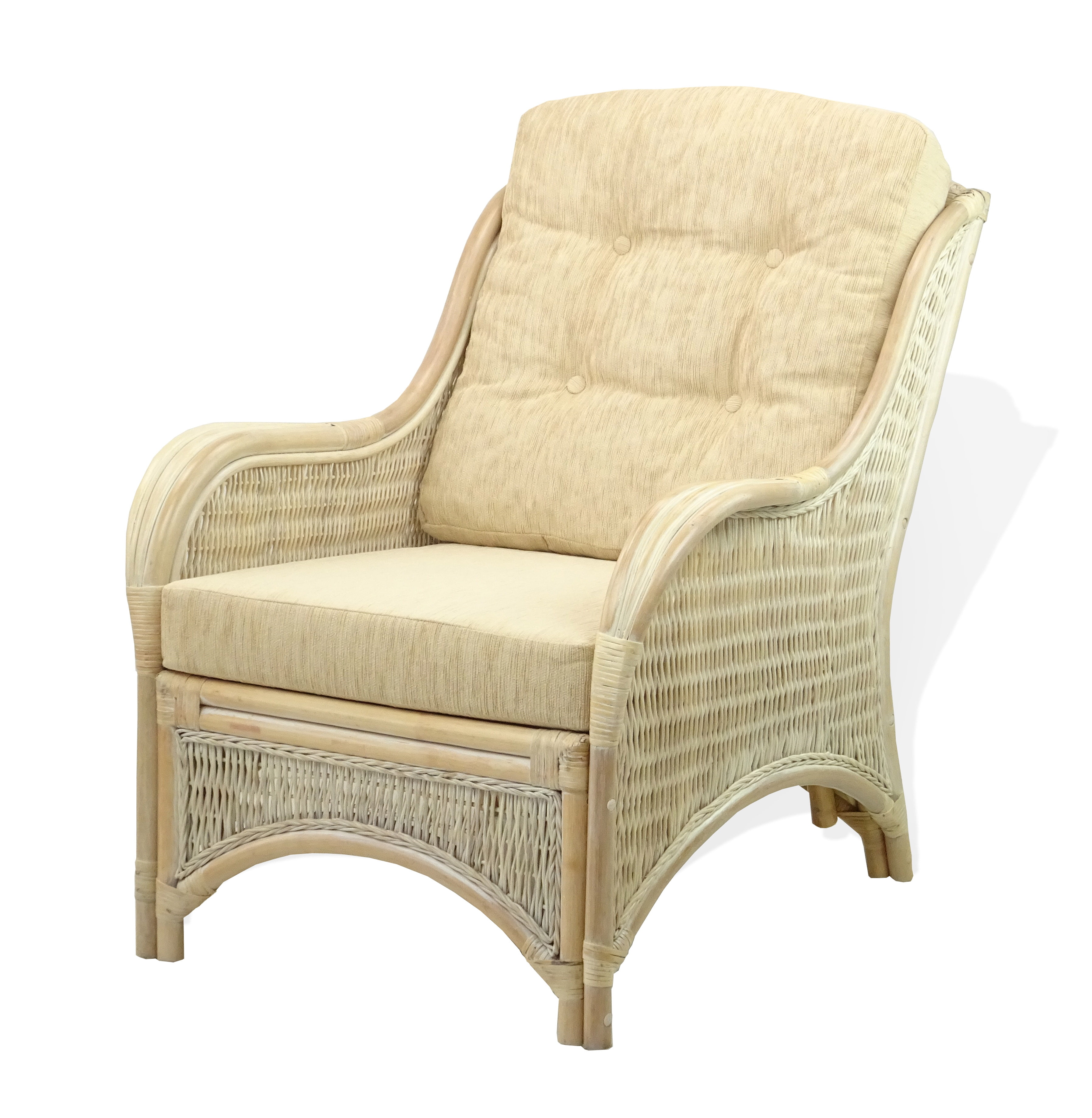 SK New Interiors Jam Lounge Arm Chair ECO Natural Handmade Rattan Wicker w/Cream Cushions, White Wash