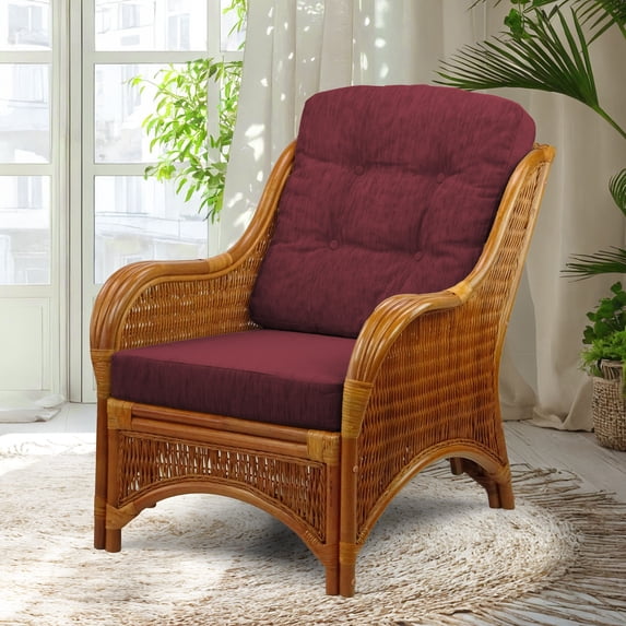 SK New Interiors Jam Lounge Armchair ECO Natural Rattan Wicker Handmade Design w/ Dark Brown Cushion, Colonial