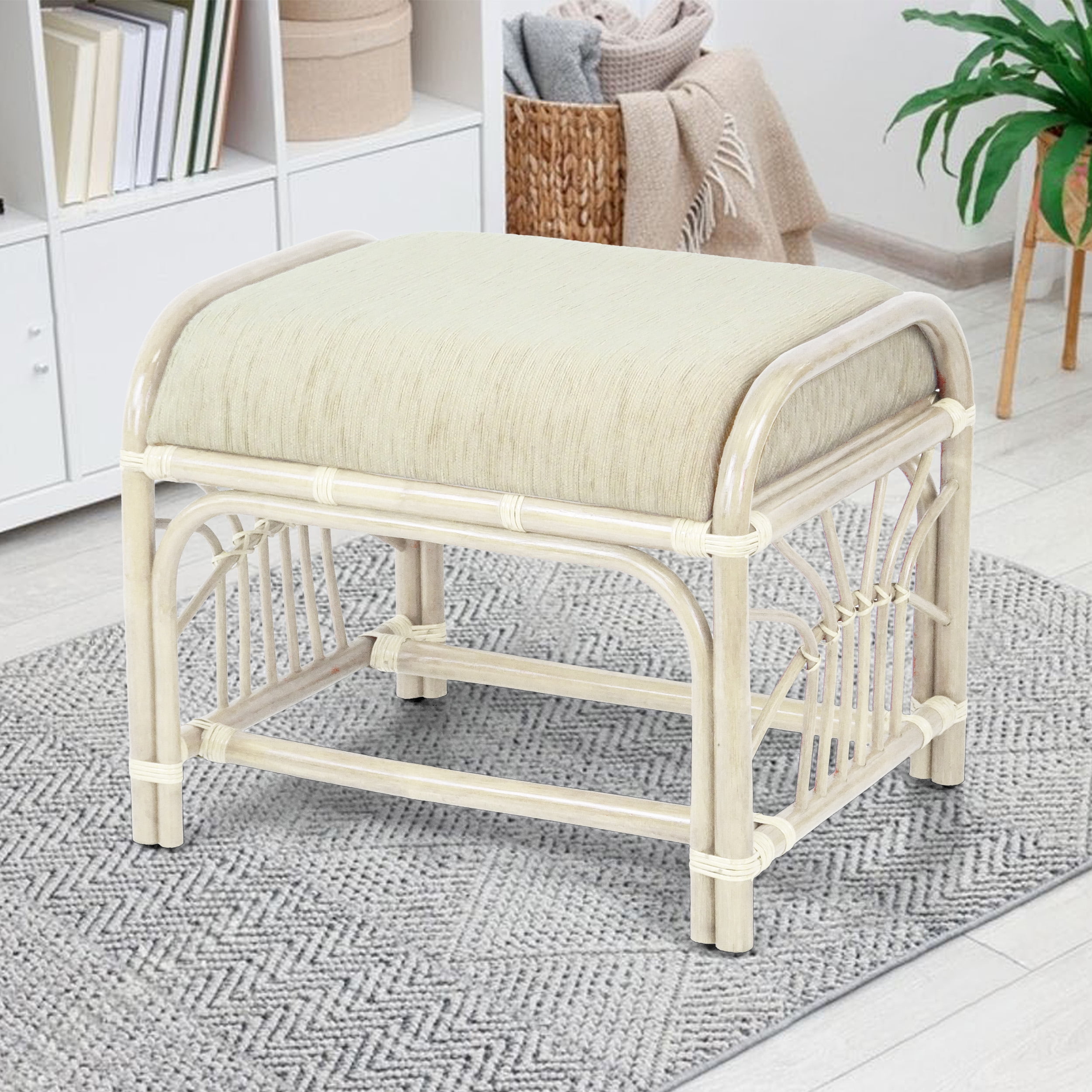 SK New Interiors Krit Ottoman Footstool ECO Natural Rattan Wicker w/ Cream Cushion, White Wash