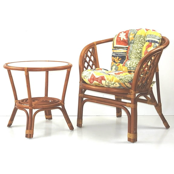 SK New Interiors Lounge Set of Bahama Armchair and Round Coffee Table, Natural Rattan ECO Colonial Color
