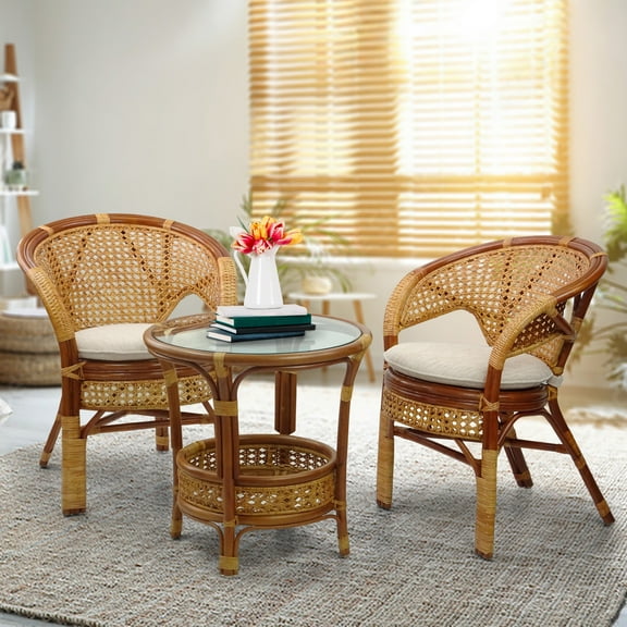 SK New Interiors Lounge Set of Pelangi Round Coffee Table and 2 Rattan Wicker Chairs Handmade Design, Colonial