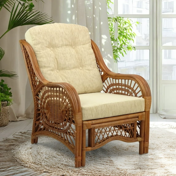 SK New Interiors Malibu Lounge Armchair ECO Natural Rattan Wicker Handmade Design with Cream Cushion, Colonial