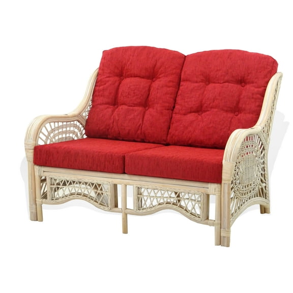 SK New Interiors Malibu Lounge Loveseat Sofa ECO Natural Rattan Wicker Handmade Design w/Burgundy Cushions, White Wash