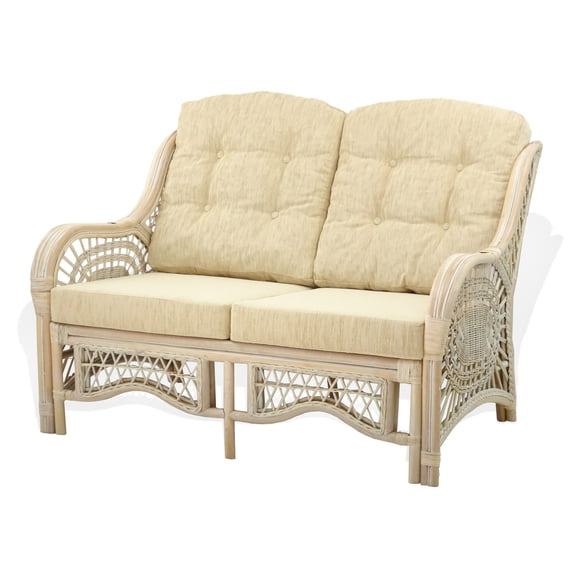 SK New Interiors Malibu Lounge Loveseat Sofa ECO Natural Rattan Wicker Handmade Design w/Cream Cushions, White Wash