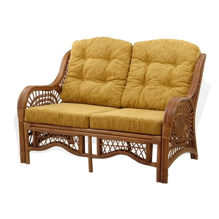 SK New Interiors Malibu Loveseat Lounge Sofa ECO Natural Rattan Wicker Handmade Design w/Light Brown Cushions, Colonial