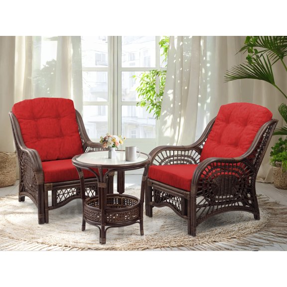 SK New Interiors Malibu Set 2 ECO Chairs Rattan Wicker w/Burgundy Cushions and Round Coffee Table, Dark Brown