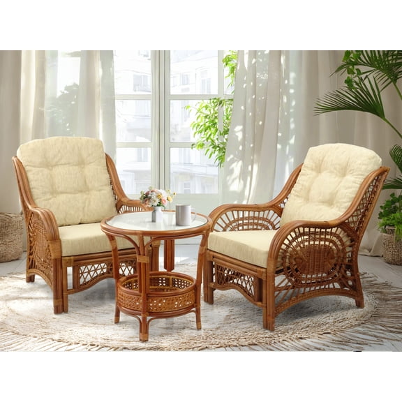 SK New Interiors Malibu Set of 2 ECO Natural Rattan Wicker Chairs w/ Cream Cushions and Round Coffee Table, Colonial