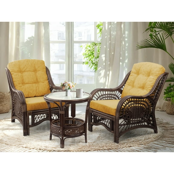 SK New Interiors Malibu Set of 2 ECO Natural Rattan Wicker Chairs w/ Light Brown Cushions and Round Coffee Table, Dark Brown