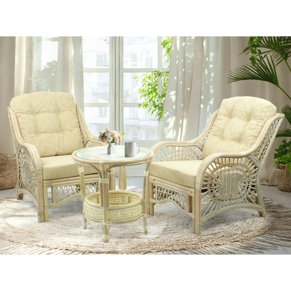 SK New Interiors Malibu Set of 2 Natural ECO Rattan Wicker Chairs w/Cream Cushions and Round Coffee Table, White Wash