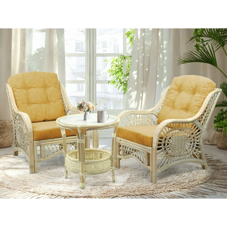 SK New Interiors Malibu Set of 2 Natural ECO Rattan Wicker Chairs w Light Brown Cushions and Round Coffee Table White Wash Color