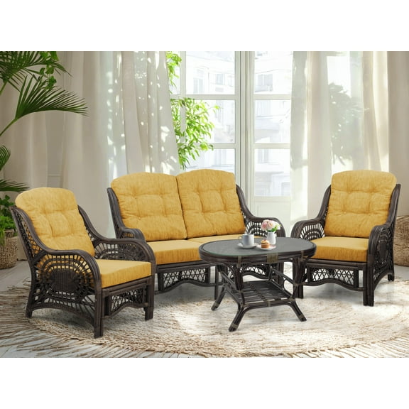 SK New Interiors Malibu Set of 2 Natural Rattan Wicker Lounge Chairs, Loveseat w/Light Brown Cushion and Coffee Table w/Glass, Dark Brown
