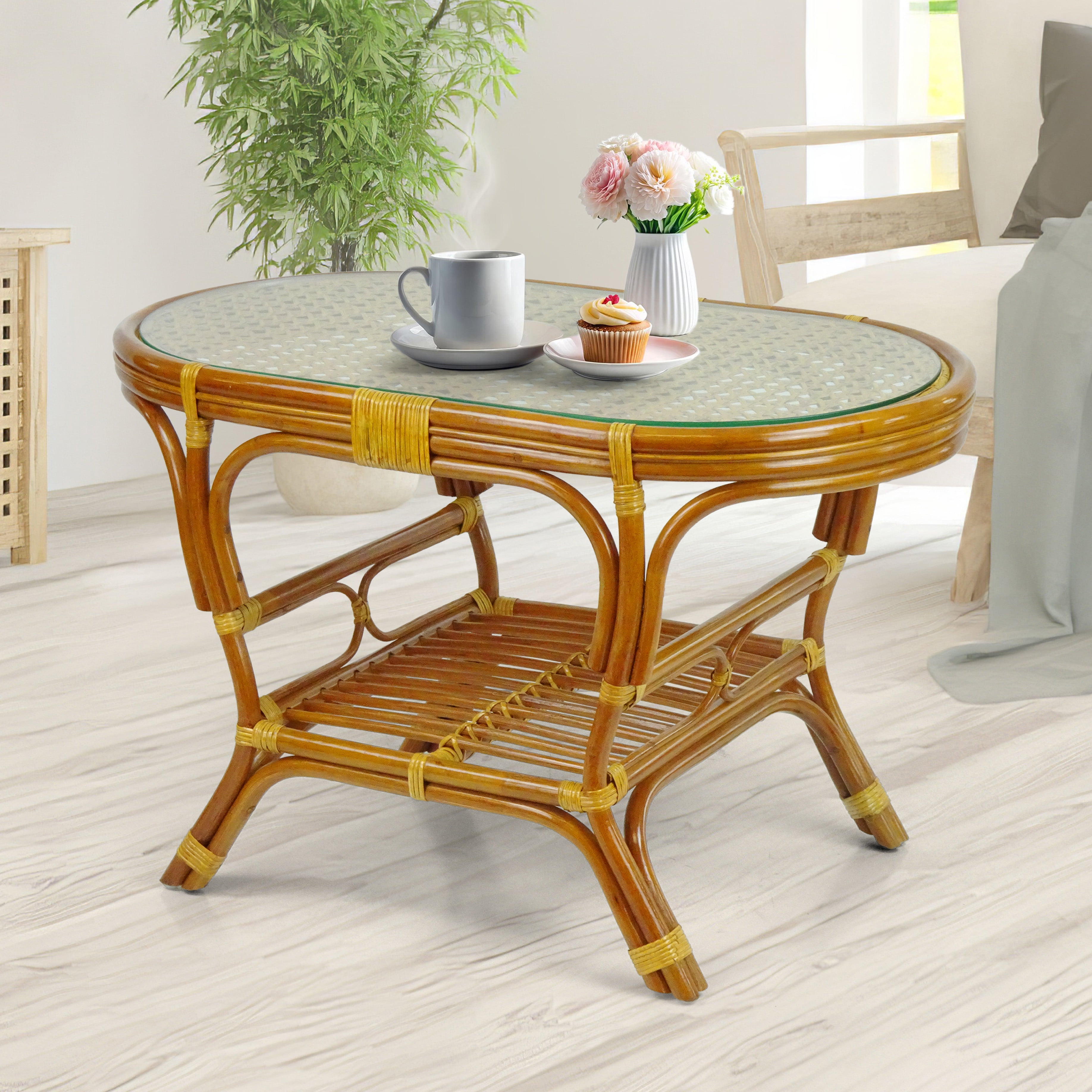 Elegant Pelangi Oval Coffee Table with Glass Top in Natural Rattan