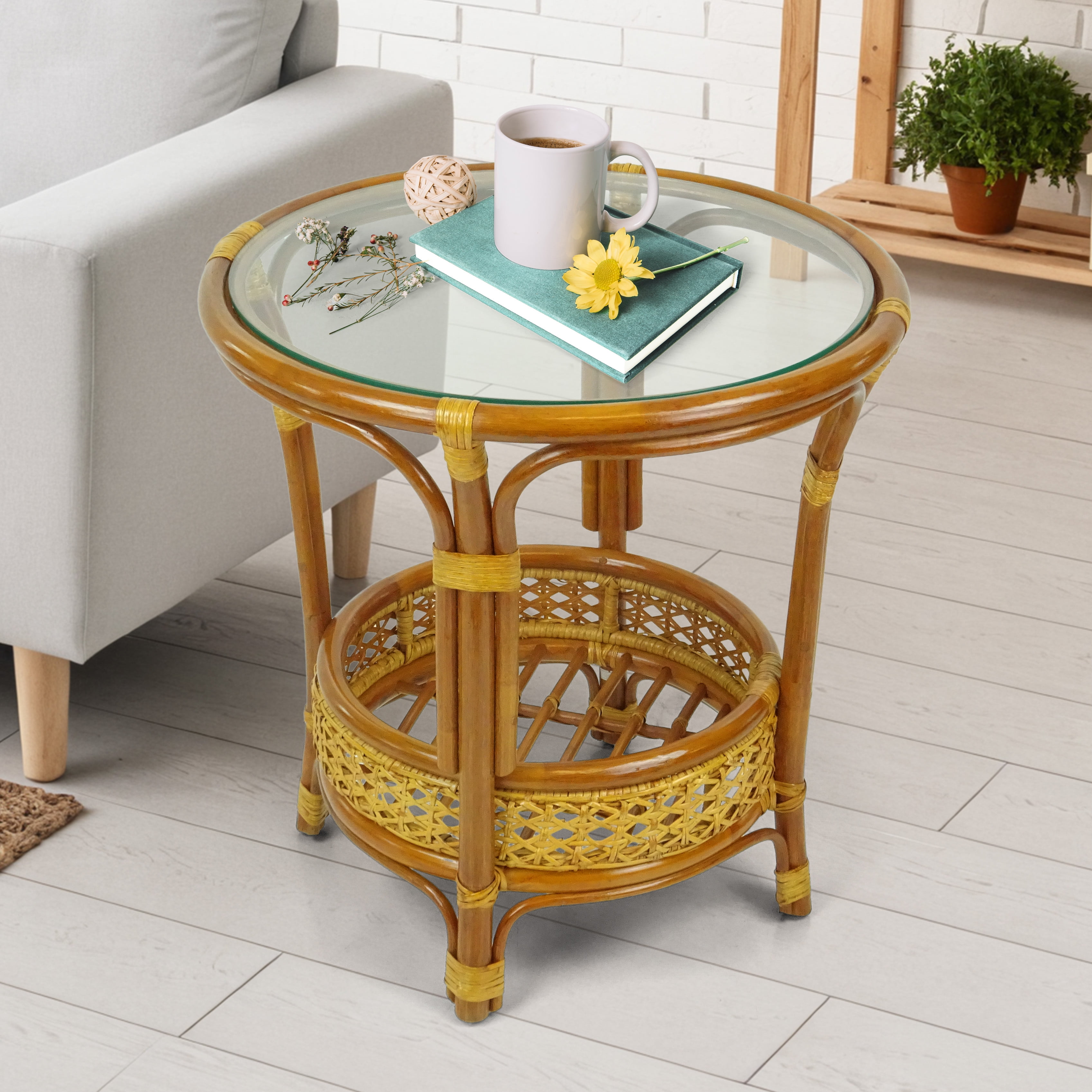 Pelangi Handcrafted Round Natural Rattan Coffee Table with Glass Top