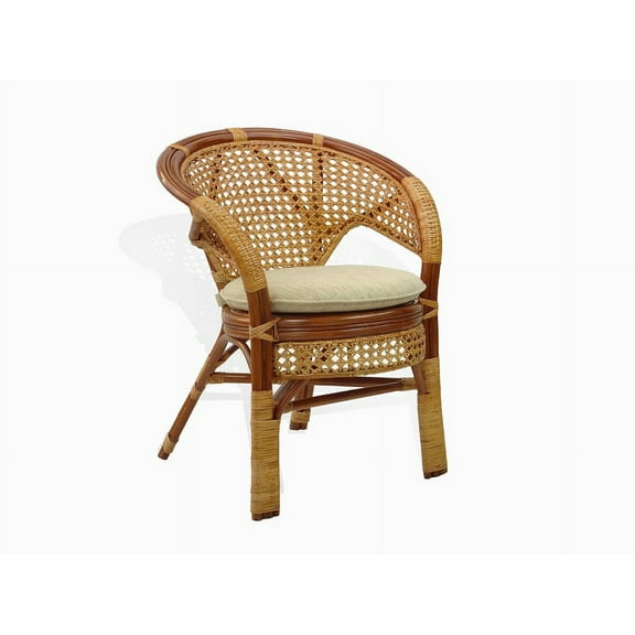 SK New Interiors Pelangi LoungeChair Natural Rattan Wicker Handmade Design w/Thick Cream Cushion, Colonial