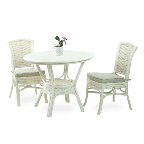 SK New Interiors Set of 2 Alexa Dining Side Chairs with Cushion and Round Dining Table Natural Rattan Wicker Handmade Design White Color