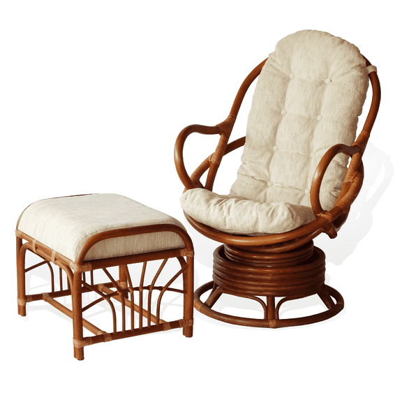 SK New Interiors Set of 2 Java Swivel Rocking Lounge Chair Natural Rattan Wicker with Cream Cushion and Round Coffee Table, Colonial